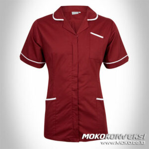 model baju perawat wanita warna merah maroon putih dengan desain yang elegan