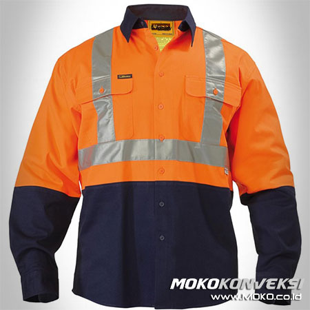 Model Baju Wearpack Kerja Safety Scotlight Tape Lengan Panjang Warna Orange Biru Dongker / Navy Desain Alternatif