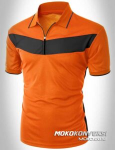 model baju kaos berkerah terbaru polo shirt zipper warna orange hitam moko konveksi