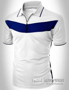model kaos berkerah pria polo shirt kombinasi zipper warna putih biru moko konveksi