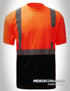 konveksi kaos t shirt safety indonesia kombinasi warna orange biru navy lengan pendek scotchlite moko konveksi